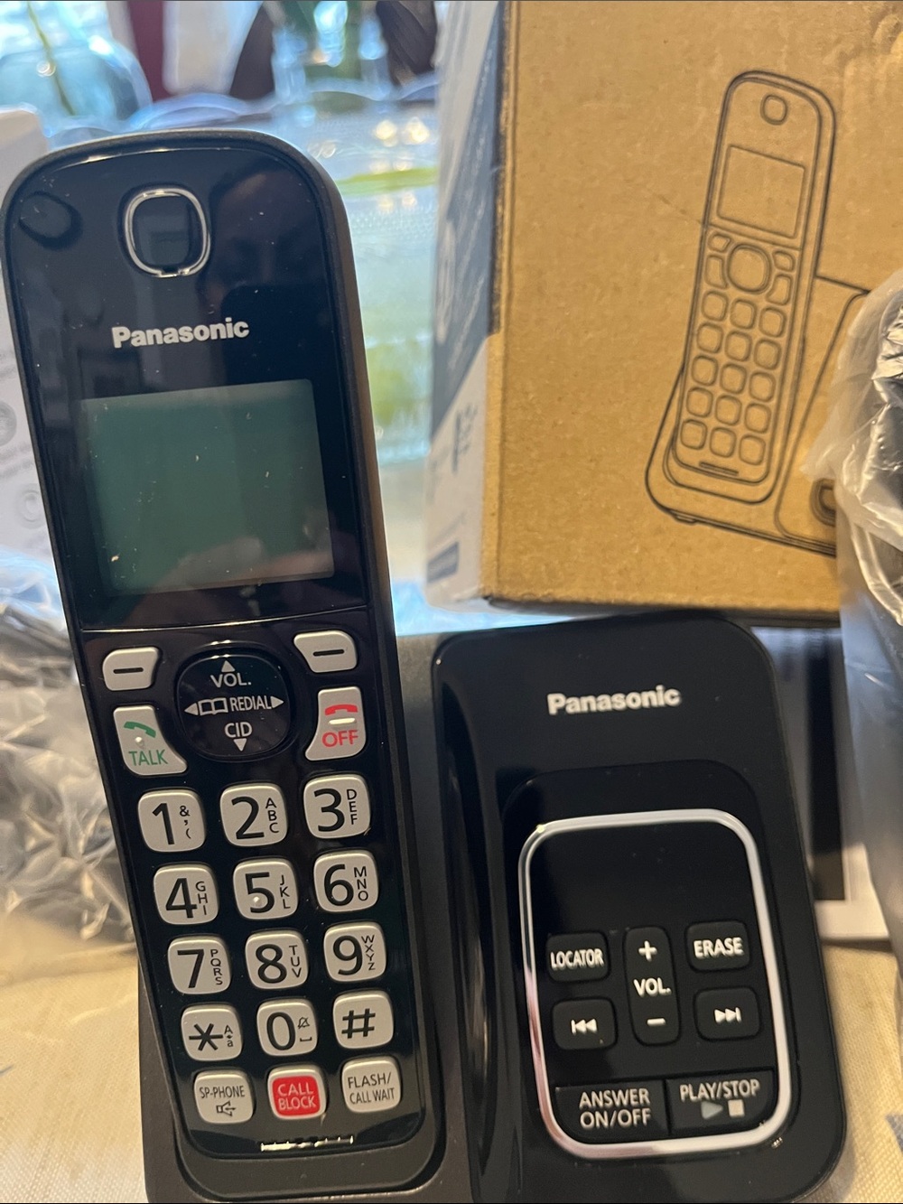 Panasonic Black Cordless Phone with Charger Base and Large Button Handset